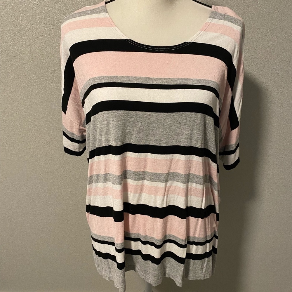 Karen Kane Striped Short Sleeve Top Pink Black Grey White Size Medium Casual